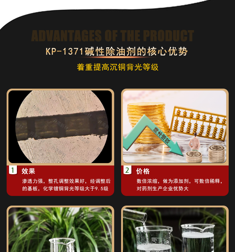 產(chǎn)品名稱：堿性除油劑KP-1371  生產(chǎn)企業(yè)：湖南開美新材料科技有限公司  特點(diǎn)及應(yīng)用：本品是一款潤濕性、耐受性、使用壽命都好PCB印制電路板PTH清潔調(diào)整劑。KP-1371可提升化學(xué)銅背光等級(jí)，其還有一個(gè)優(yōu)勢是，體現(xiàn)在低的鈀消耗量。該品適用于中高Tg多層及多大孔徑比的FR-4等基材的電荷調(diào)整劑。  定制開發(fā)說明：開美新材專注于配方型產(chǎn)品研制，可對國內(nèi)外來樣進(jìn)行解析分析，配方提高。可根據(jù)客戶需求提供個(gè)性化、定向產(chǎn)品研制生產(chǎn)。